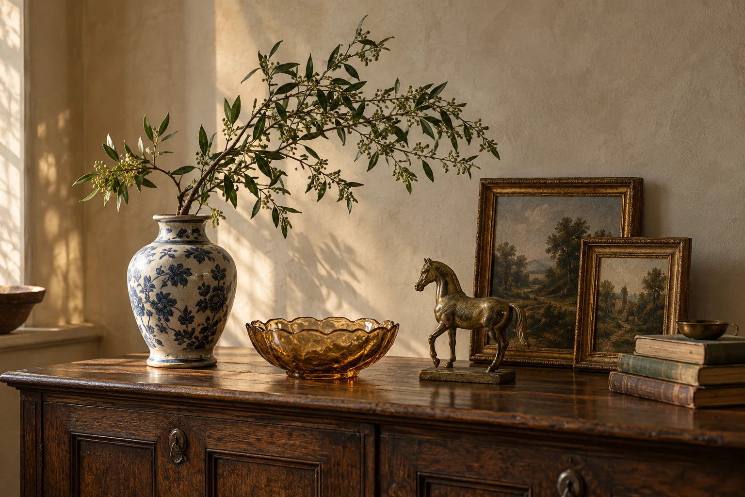 An illustrative still life of vintage glass, ceramics and gilt frames in warm afternoon light